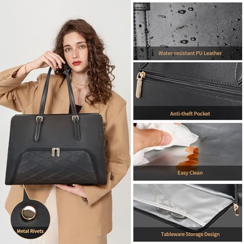 Jetviivid Laptop Tote Bag with Insulated Lunch Compartment, 15.6 Inch PU Leather Briefcase for Women, Waterproof Laptop Handbag Computer Shoulder Bag for Business, Office, Work, Black - Image 5