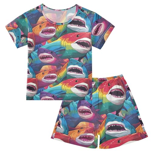ALAZA Rainbow Color Sharks Pajama Set Short Sleeve Sleepwear Soft Lounge Nightwear