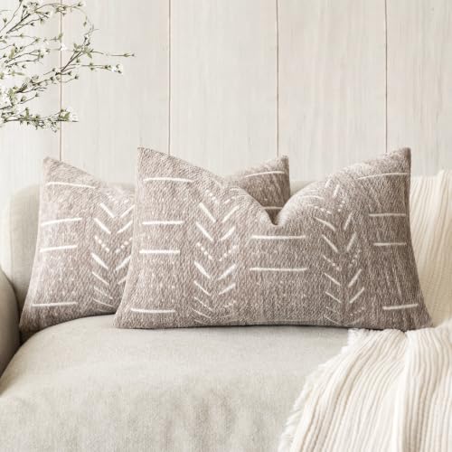Image of Foindtower Set of 2 Decorative Chenille Jacquard Throw Pillow Covers Textured Farmhouse Lumbar Cushion Covers Modern Boho Accent Home Decor for Sofa Chair Couch Bed Living Room,12x20 Inch,Light Taupe