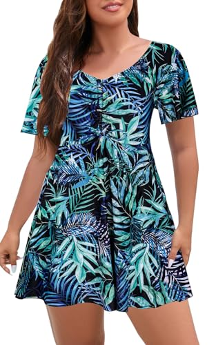 ECUPPER Womens One Piece Swimsuit with Sleeves Plus Size Swim Dress Modest Tummy Control Skirt Bathing Suit Built in Shorts Green