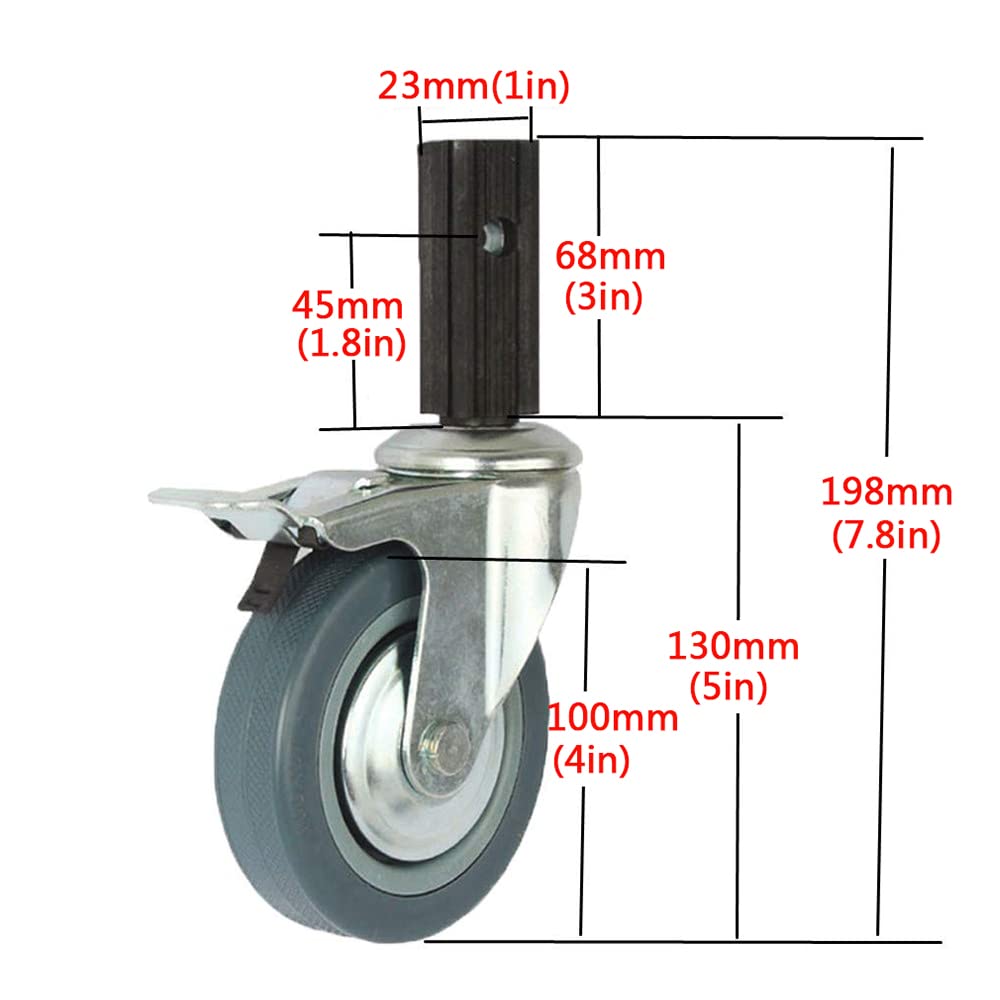 Juego de 4 ruedas giratorias para muebles, 100 mm con soporte de tubo cuadrado (23 x 68 mm), sin ruido, capacidad de 210 kg para carrito y coche de comedor