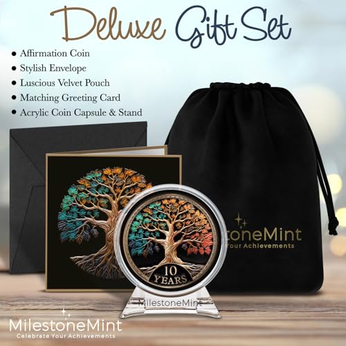 Image of MilestoneMint 10 Year Sobriety Coin Tree of Life Gift Set | Anniversary Sobriety Gifts for Men & Women | AA Coins and Medallions with Token Capsule, Stand & Card | 3D Texture, Recovery AA Chips