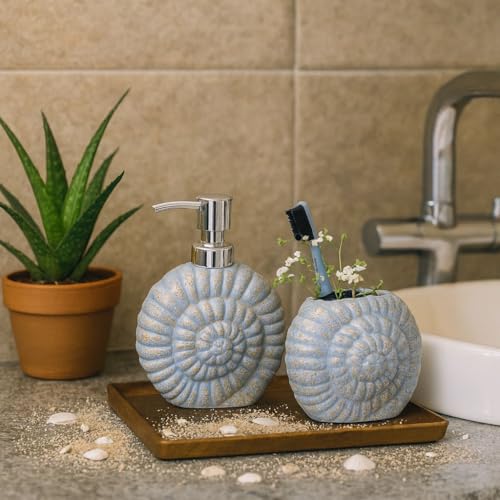 Image of Ceramic Bathroom Set of 2 | Soap Dispenser 300ml & Toothbrush Holder | Premium Shaded Grey Shell Design | Luxury Sink, Washbasin & Vanity Accessories | Grey