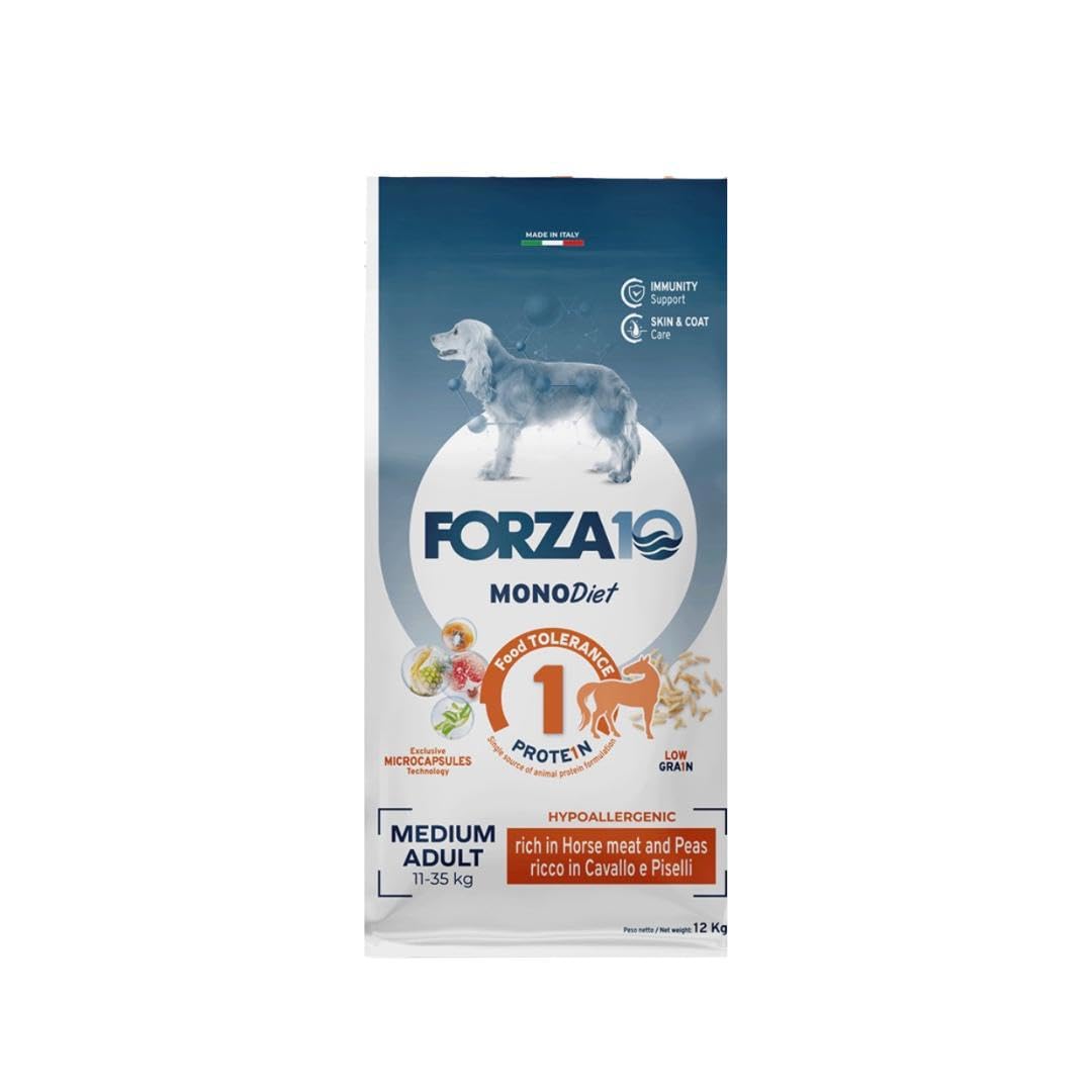Forza 10 Cane Medium Adult MONO gusto CAVALLO e PISELLI, alimento completo monoproteico per cani adulti di taglia media, ipoallergenico, confezione da 12kg.
