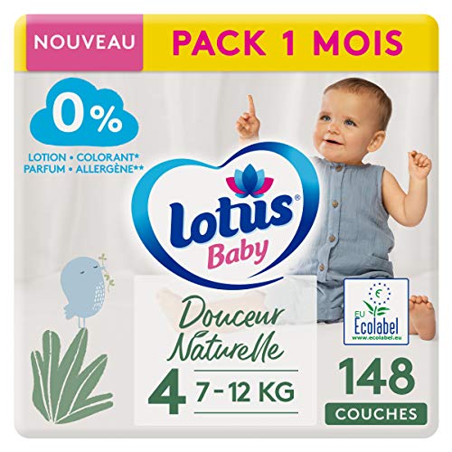 LOTUS BABY Douceur Natural – Pañales talla 4 (7-12 kg) Pack 1 mes – 148 pañales