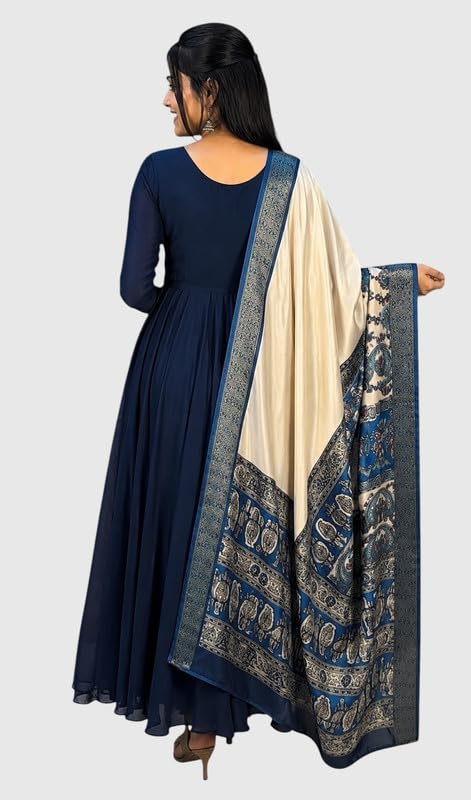 Image of Women's Ethnic Anarkali Kurta Set | Premium Vichitra Silk Gown with Printed Mayura Silk Kalamkari Dupatta Brown