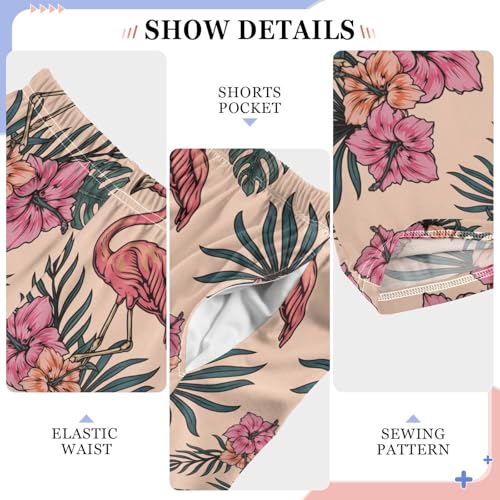 Flamingo Hibiscus Palm Leaves Boys Long Pants Soft Trousers Elastic Waist Kids Lounge Bottoms with Pockets S-XL4