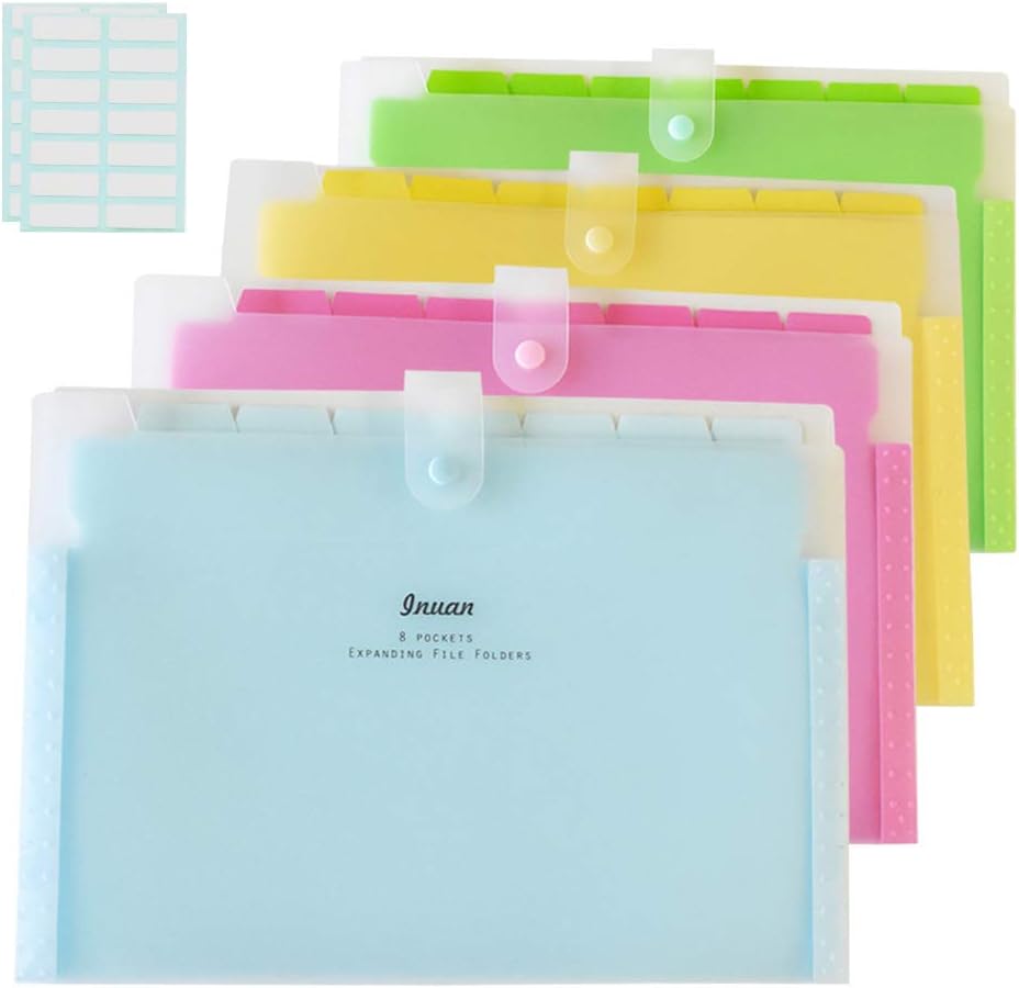 Expanding File Folder with 8 Pockets, Letter Size Accordion Paper Document Organizer with 28 Pcs File Folder Labels for School and Office, Pack of 4