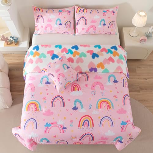 Image of Rainbow Girls Bedding Set Full Size, Love Hearts Pink Rainbow Comforter Set Full Bedding Sets for Girls Kids