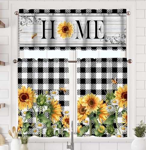 TQFZP Sunflower Kitchen Curtains Short and Valance Set Black and White Buffalo Plaid Floral Dining Room Fabric Curtain Drapes Spring Summer Flowers Home Decor
