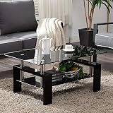 Rectangle Glass Coffee Table-Black Modern Side Coffee Table with Lower Shelf Wooden Legs Suit for Li