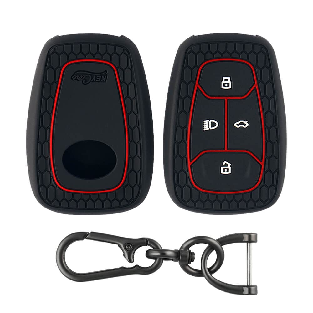 Keycare® Silicone Key Cover and Keyring Compatible for Tata Nexon, Harrier, Tigor, Safari, Altroz, Punch Smart Key (Black with Zinc Alloy Keyring)