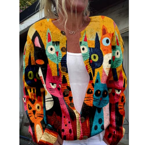 Cat Sweaters for Women Cute Button Up Cardigan Oversized 2024 Fall Fashion Crewneck Dressy Trendy Tunic Sweater2