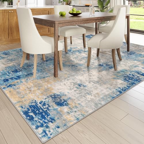 Lahome Modern Abstract 9x12 Area Rugs for Living Room, Washable Living Room Rug for Bedroom Low Pile Non Slip, Soft Indoor Accent Carpet for Dining Room Table Apartment, Blue/Grey