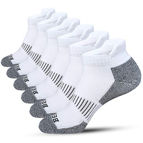 BERING Men's Athletic Running Ankle Socks Cushioned Heel Tab, Size 9-12, White, 6 Pairs