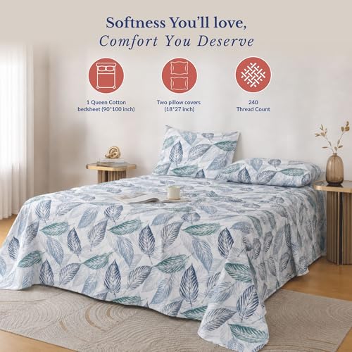 Image of Jaipur Weaves Double Bed Cotton Bedsheet Queen Size 90x108, 100% Pure Cotton Bed Sheet with 2 Pillow Covers, 240 TC Soft Breathable Leafy Design - (Tealish Blue, Queen)