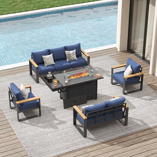 Image of Sundale Outdoor Aluminum Patio Furniture Set, 5 Piece Outdoor Conversation Sets with Fire Pit and Washable Thick Cushions, All Weather Outdoor Sectional Set for Deck, Lawn, Yard (Navy Blue)