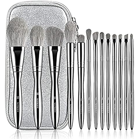 Seprofe 13 Pcs Professional Makeup Brush Set Face Blush Lip Eyeshadow Eyeliner Foundation Powder Cosmetic Brushes Kit with Makeup Bag (silver) Cover