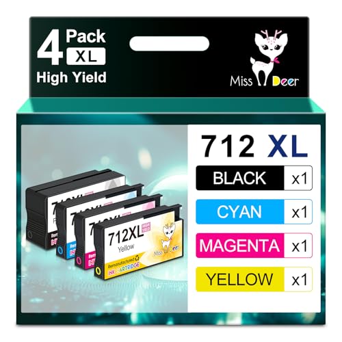 Image of Miss Deer 712XL Ink Cartridges Combo Pack, Compatible Replacement for HP 712 712XL Work for DesignJet T650 T250 T230 T630 T210 Studio Plotter Printer,4 Pack(BK /C /M /Y)