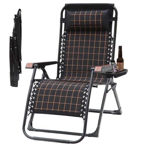 HKLJHCVA-BM Zero Gravity Extra Large Zero Gravity Sun Lounger, Adjustable Deck Chair with Drink Holder, Garden Lightweight Recliner(Black)