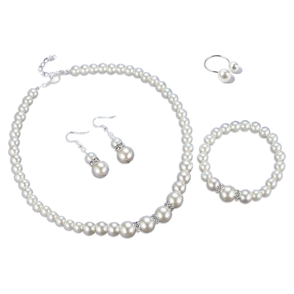 4 Pcs Pearl Jewelry Set 1920s Costume Jewelry Necklaces Pearl Hoop Earring Bracelet Ring for Women Wedding Jewelry Sets4