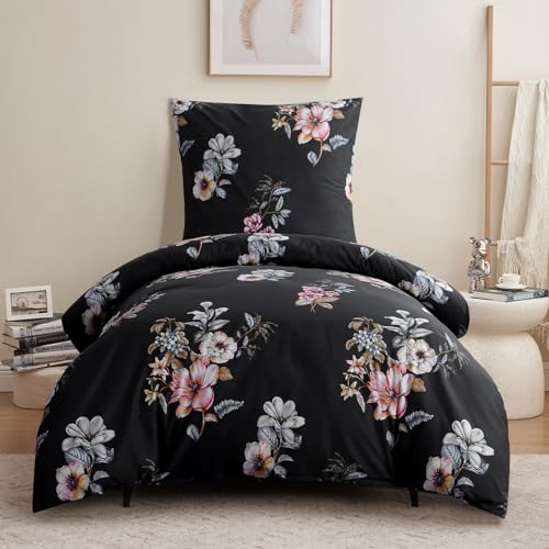 RUIKASI Bettwäsche 155x220 2 teilig Schwarz - Bettbezug 155 x 220 Set mit...