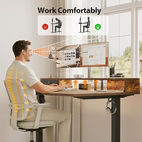 Image of Agilestic 63 Inch L Shaped Electric Standing Desk with Shelf, Height Adjustable Large Desk with Power Outlets & LED, Corner Sit Stand Up Table with Monitor Stand, Computer Workstation, Rustic Brown