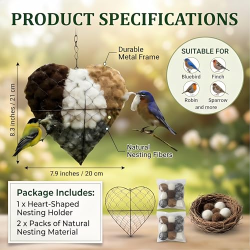 Yizemay Handgefertigtes Vogelnest In Herzform Aus Alpakafaser, Nistmaterial für Wildvögel Vögeln, Nachfüllbares Vogelhaus Nistkasten, Herz Kolibri Nistmaterialhalterung Unterschlupf.
