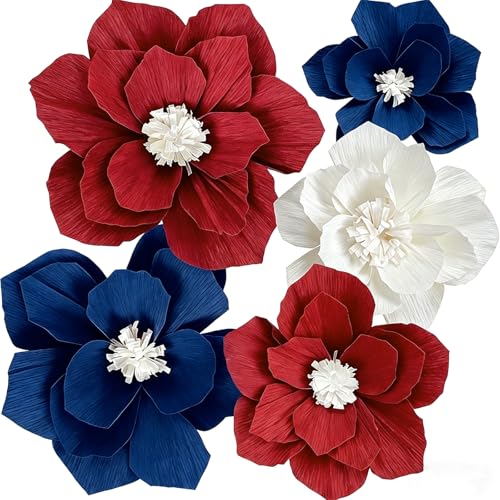 Image of Red Blue White Paper Flowers Artificial 3D Wall Decor Aamerican 250th Anniversary Decorations Wedding Birthday Bridal Baby Shower 4th of July Burgundy Nursery Room Backdrop Centerpieces Party