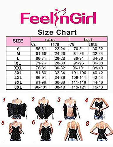 FeelinGirl Women's Gothic Bustiers Corsets Satin Boned Lace Up Overbust Bridal Bodysuit for Halloween 12 Steel Plus Size Without Thong Black S steampunk buy now online