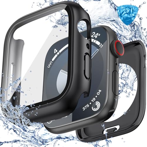 3 in 1 Goton Waterproof Hard Case for Apple Watch Screen Protector 45mm 360 Slim Full Protective Tempered Glass Face Cover + Back Hard PC Bumper for iWatch Series 9/8/7 45mm Matte Black