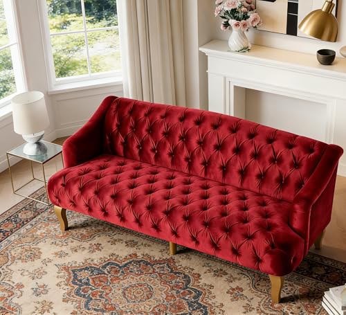 Image of Merax 3 Seater Velvet Couch Sofa with Hi-Back & Solid Wood Birch Legs, Mid-Century Modern Style Deep Seat Upholstered Couches for Living Room, Bedroom, Apartment Furniture, Wine Red