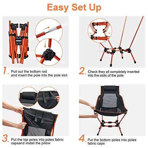 G4Free Folding Camp Chair High Back Lightweight Camping Chair With Removable Pillow, Side Pocket & Carry Bag, Compact & Heavy Duty 385Lbs For Outdoor Hiking Backpacking Beach Picnic Travel Orange #TOP3