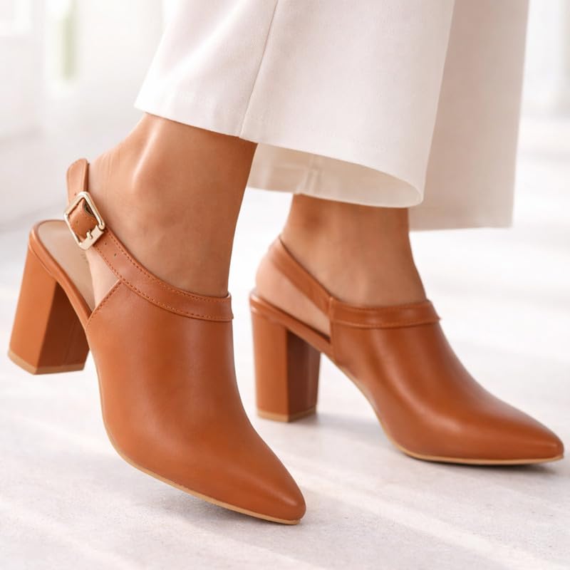 Image of FAUSTO Women Pointed Toe Block Heel Adjustable Backstrap Shoe Style Sandals | Soft Padded Insole | Semi Formal Outfit Sandals