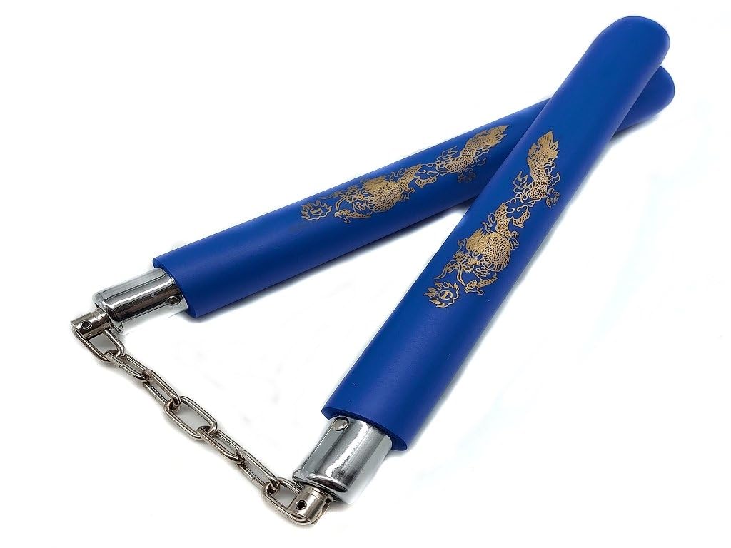 DELFIERO Nunchaku Gomma Blu con Catena per Allenamento Arti Marziali