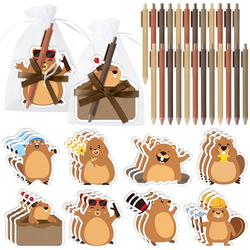 CJiangpo 24 Pack Groundhog Sticky Note with Pen Gift Set, Cute Cartoon Self Stick Notepad Funny Memo Pad Ballpoint Pens with Organza Bags, Groundhog Day Party Favor Gift for Kids Classroom Rewards