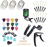 【Incluido en el paquete】 1 sintonizador digital para guitarra, 1 capo de guitarra negro, 2 monturas de puente de hueso de guitarra, 1 pieza de manivela 3 en 1 cuerda, 24 pines de puente - 12 x negro y 12 x blanco marfil, 15 púas con tres grosores diferentes (0, 5 mm, 0,75 mm, 0,18 mm), 1 soporte para púas, 5 púas para pulgar e índice, 4 sombreros de silicona para protección de los dedos, 16 cuerdas de guitarra de cobre rojo, amarillo y de color. Apto para profesores de música, profesionales y pr