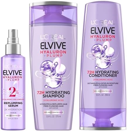 L'Oreal Paris Elvive Hyaluron Plump Hydrating Shampoo & Conditioner 12.6 Fl Oz, Moisture Serum with Hyaluronic Acid for Dehydrated, Dry Hair 4.4 Fl Oz
