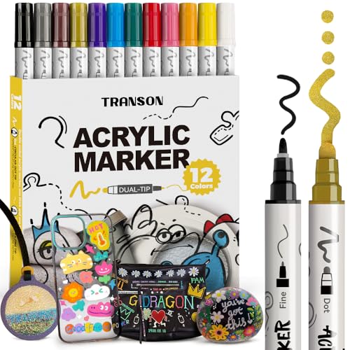Image of TRANSON 12 Color Bold and Fine Dual-tip Acrylic Paint Pen Set for Canvas Rock Wood Leather Ceramic DIY Painting