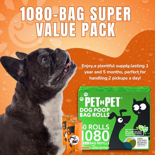 Image of Pet N Pet 1080 Counts Orange Poop Bags for Dogs, 41% Plant Based & 59% PE Extra Thick Dog Poop Bags Rolls, 9 inch x 13 inch, Unscented Pet Waste Bag