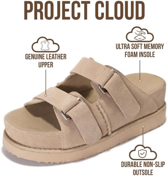 Project Cloud 100% Genuine Leather Sandals For Women - Platform Sandals Memory Foam Insole Non Slip Womens Sandals with adjustable straps - Wedge Sandals for Women 2026 (Silverstar) - Image 4