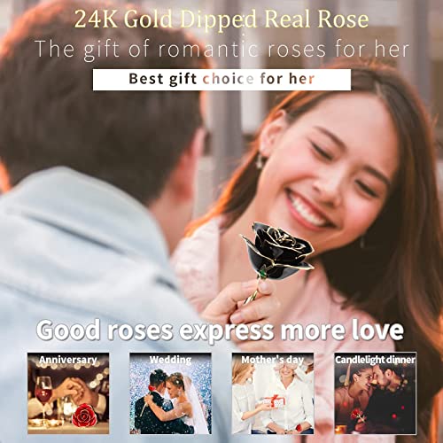 Image of Gold Real Rose, Gold Dipped Rose Made from Real Rose Best Gifts for her and Great Gifts for Girlfriend, Black with Stand
