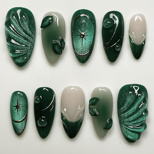 24Pcs Handmade Press on Nails Medium Almond Fake Nails with 3D Green Ripple Design False Nails Cat's Eye French Nails Tips Leaves Pattern Full Cover Glossy Reusable DIY Nails for Women Nail Art
