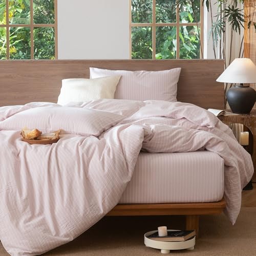Image of MooMee Striped Duvet Cover Set 100% Washed Cotton Linen Like Oversized King | Relaxed Linen-like Texture. Soft, Breathable & Long-lasting Comfort. Lightweight. Hidden Zipper with 8 Interior Corner Ties