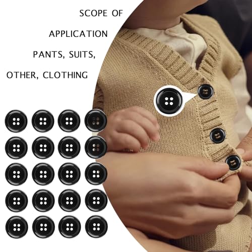 YueJieSelected Lot de 20 grands boutons de chemise, ronds, en plastique, noir, 30 mm, design à quatre trous, idéal pour les projets de couture, l'artisanat, les vestes, les chemises, les pulls – vue 4