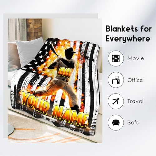 Baseball Blanket for Boys, Custom Blankets Gifts for Kids, Personalized Sports Throw with Name, Soft Fleece Throw for Sport Lovers, 40"x50"