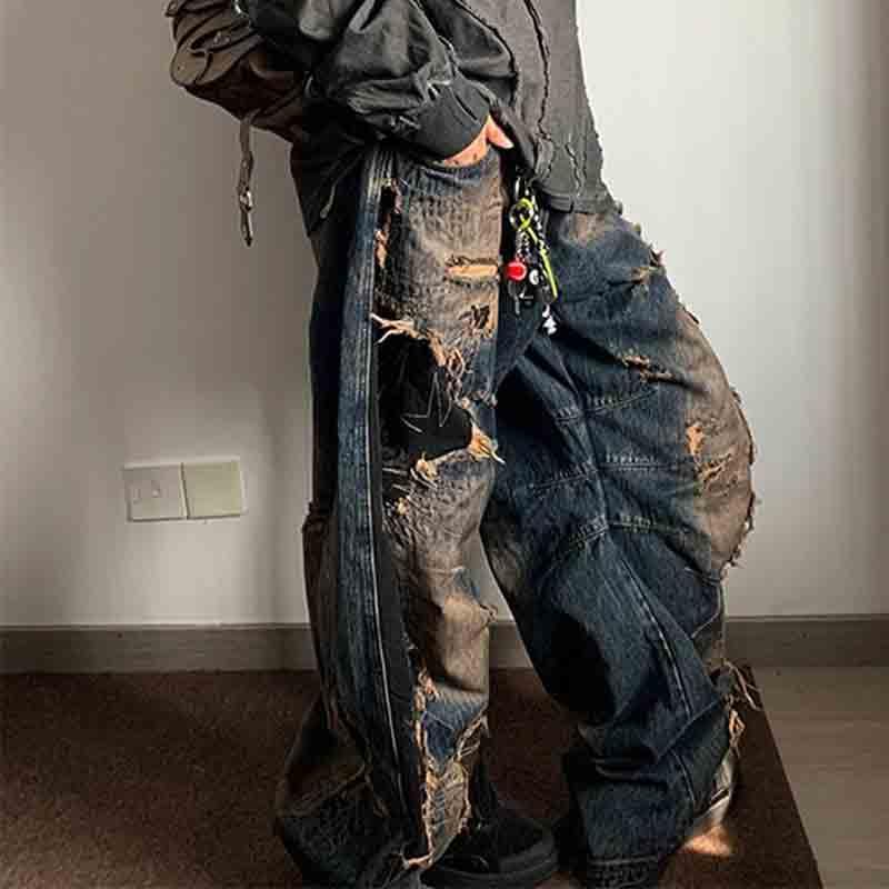 BXCNCKD Women's Retro Washed Patchwork Fringed Jeans with Spicy Style and Loose Wide Leg Pants4