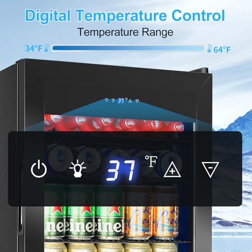 Image of Beverage Refrigerator 126 Can, Mini Beverage Fridge Small Beverage Cooler with Glass Door Safety Lock, Drink Fridge for Beer Soda Wine, Perfect for Dorm Office Hotel