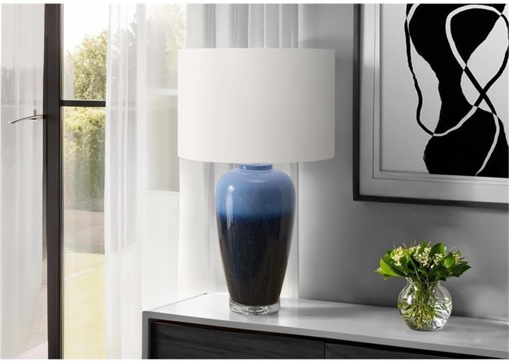Pemberly Row 29" Blue Ceramic Table Lamp, Gradient Finish, Ivory Fabric Shade, Clear Acrylic Base, Contemporary Design, 3-Way Switch, 100W Max, Decorative Lighting for Living Room, Bedroom, or Office