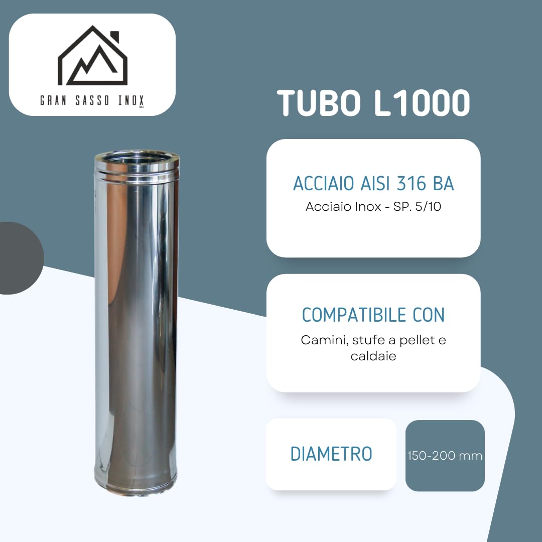 Tubo Coibentato Doppia Parete in Lana di Roccia - in Acciaio Inox AISI 316 BA SP. 5/10 – per Camini, Stufe a Pellet e Caldaie - Lunghezza 1000 mm - Diametro 150-200 mm